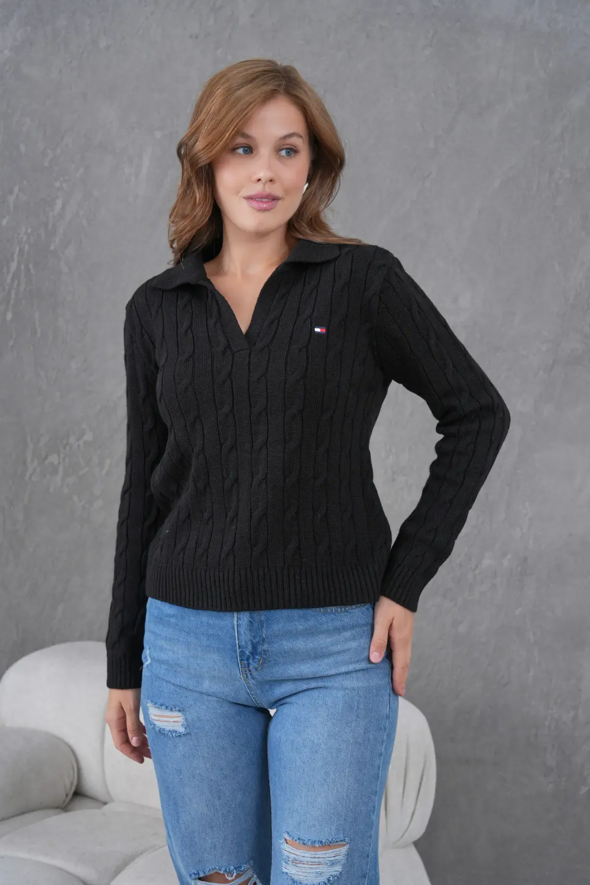 Kadın Polo Yaka Saç Örgü Triko Kazak 8610