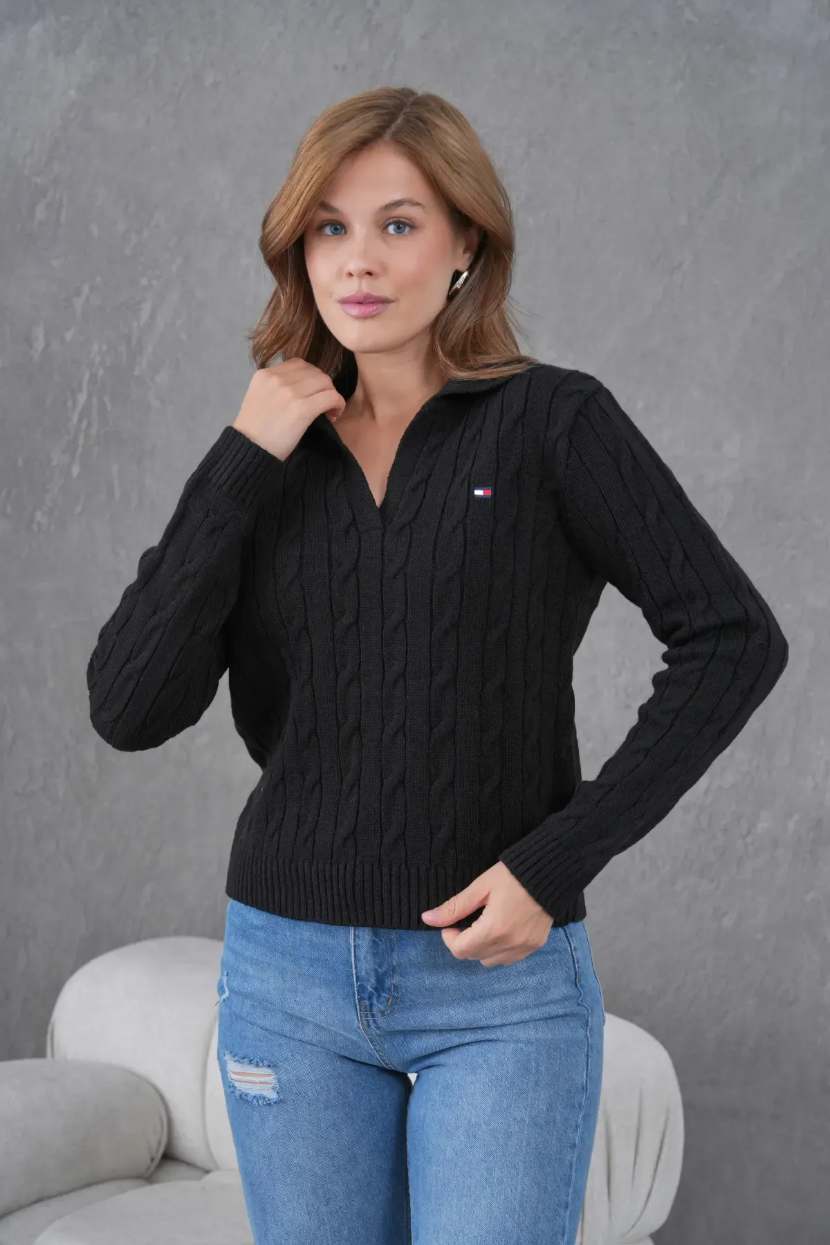 Kadın Polo Yaka Saç Örgü Triko Kazak 8610