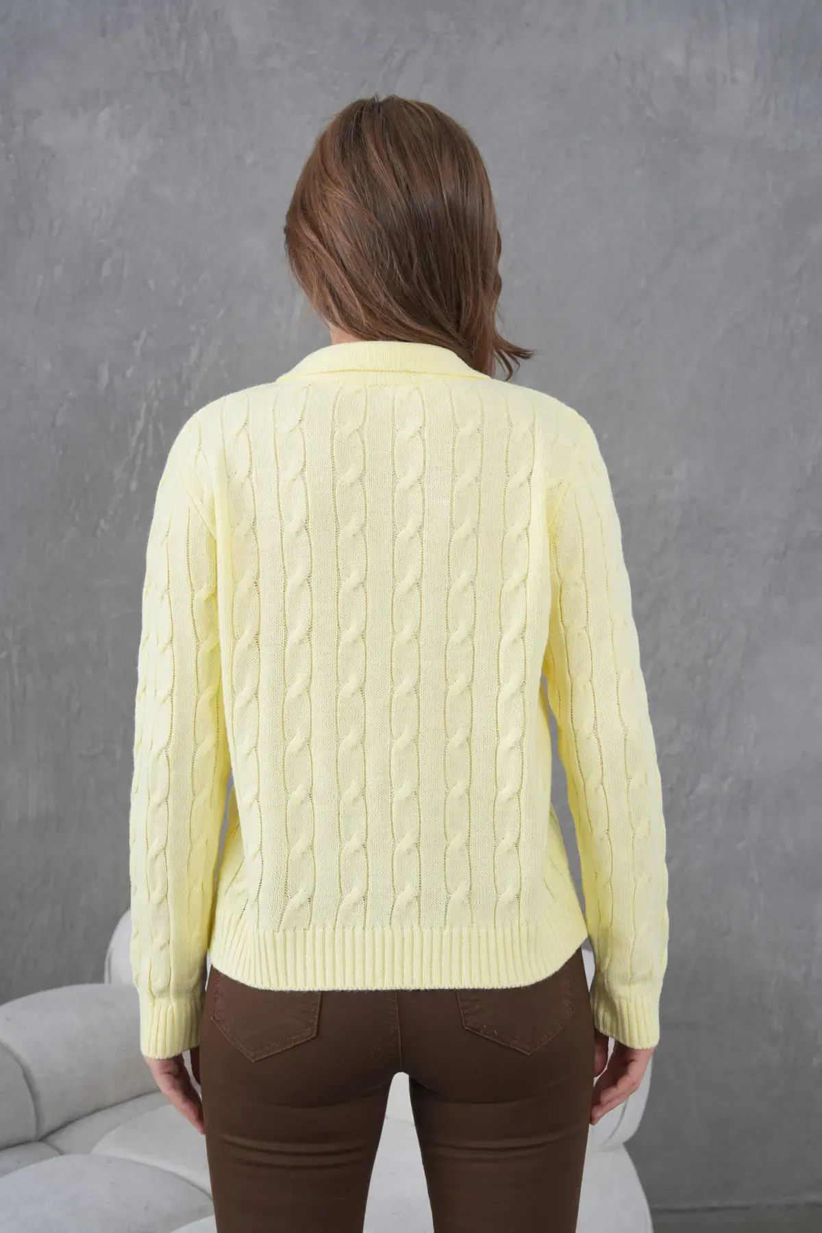 Kadın Polo Yaka Saç Örgü Triko Kazak 8610