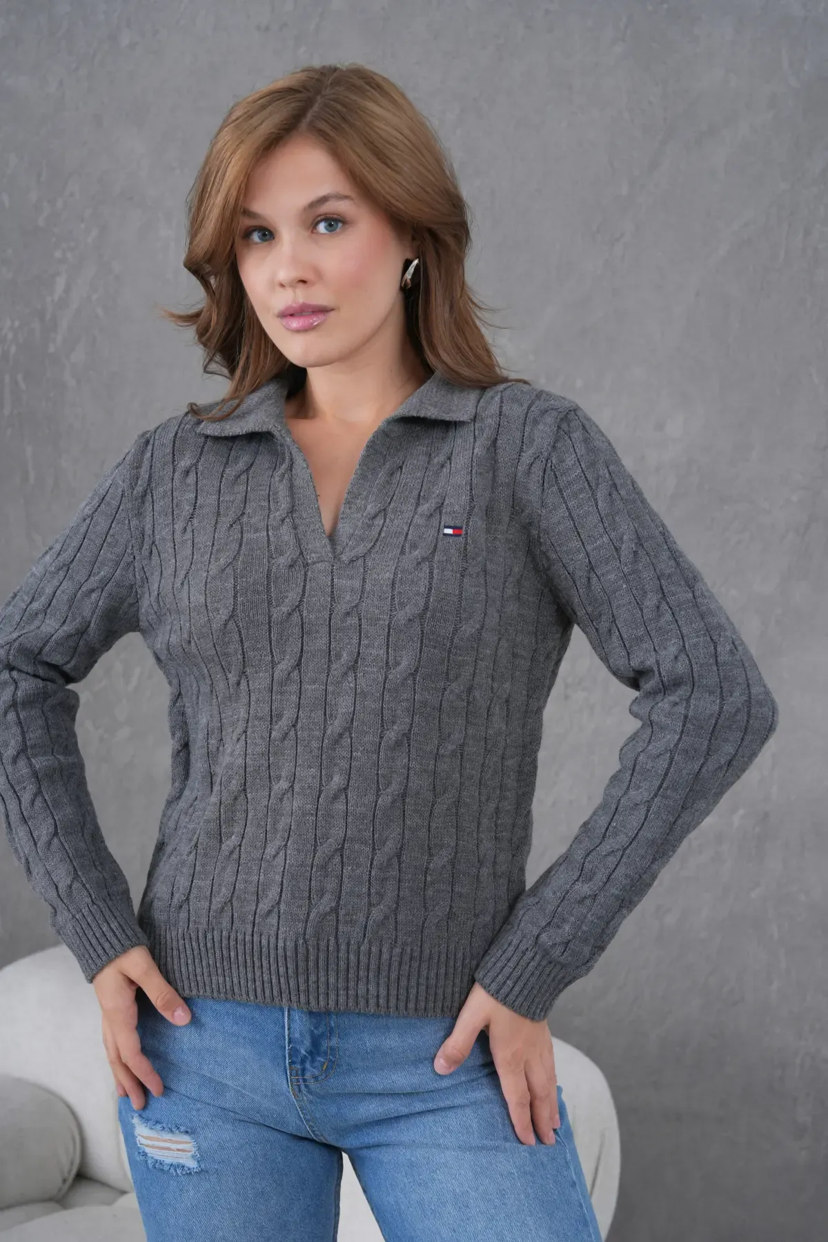 Kadın Polo Yaka Saç Örgü Triko Kazak 8610