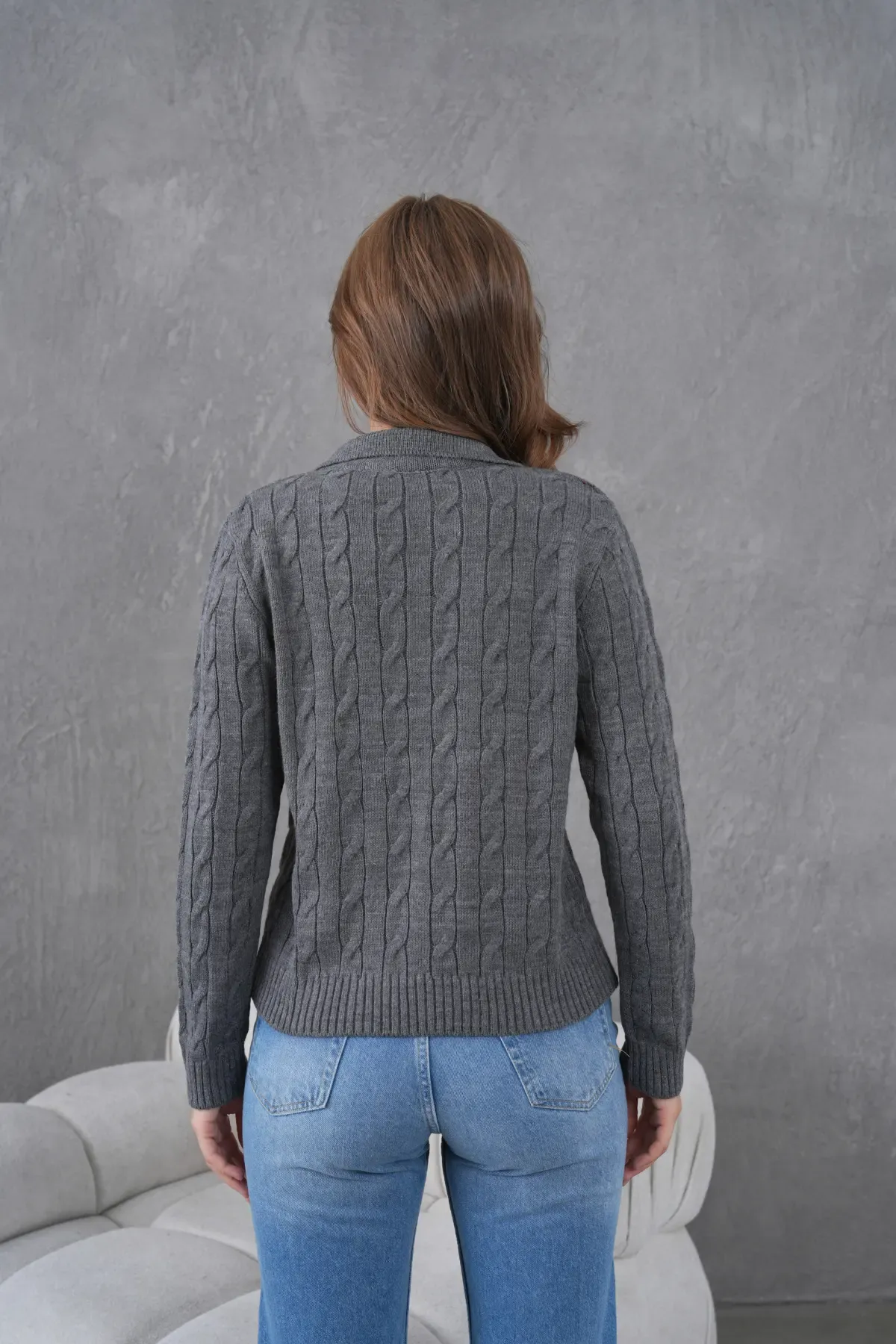 Kadın Polo Yaka Saç Örgü Triko Kazak 8610