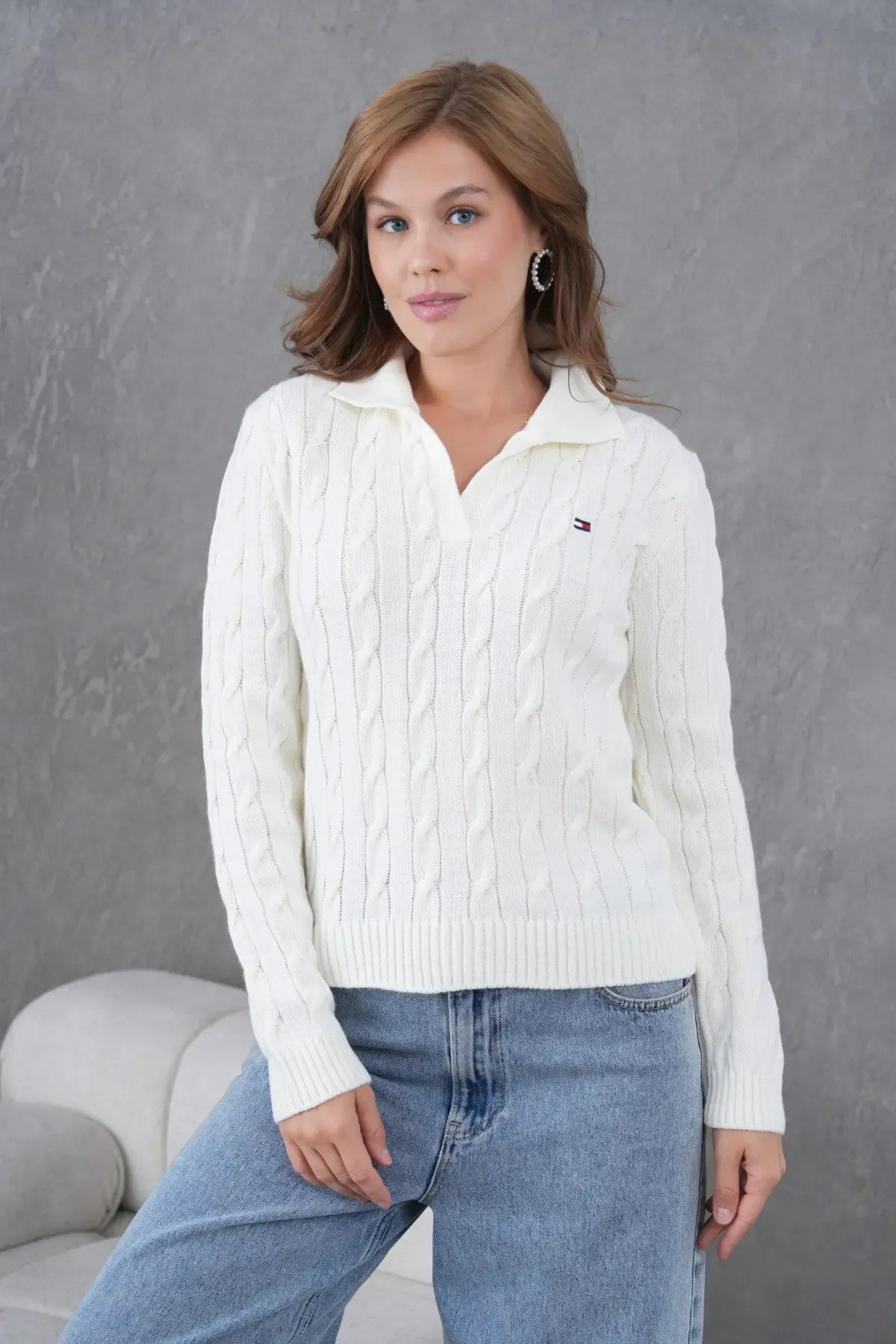 Kadın Polo Yaka Saç Örgü Triko Kazak 8610