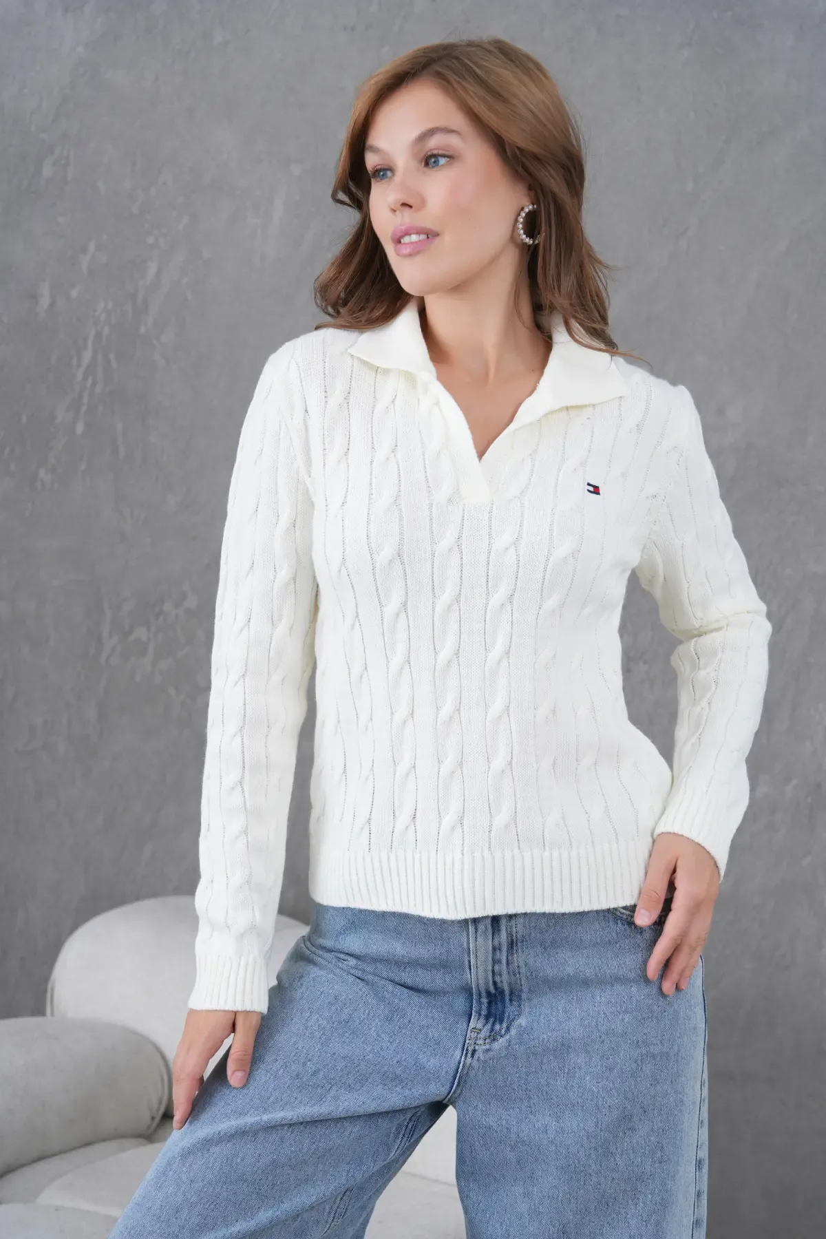 Kadın Polo Yaka Saç Örgü Triko Kazak 8610