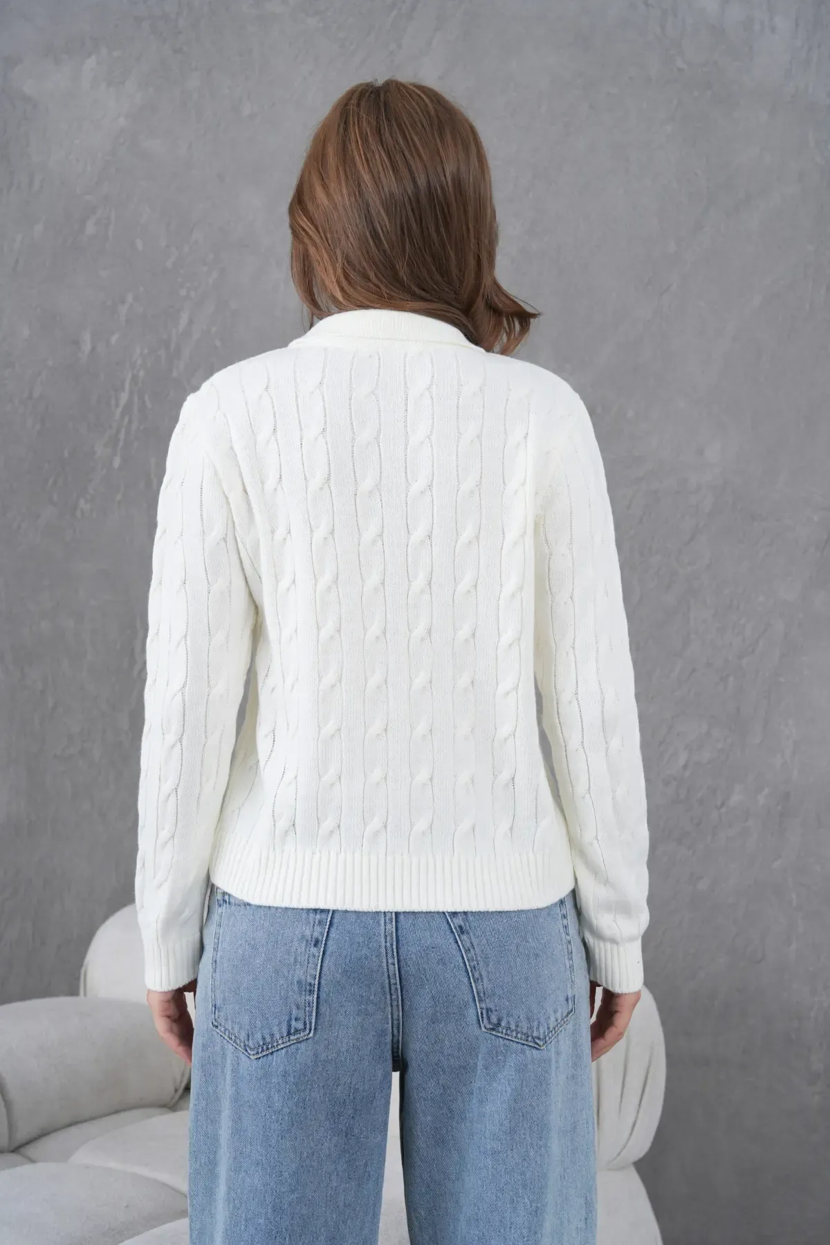 Kadın Polo Yaka Saç Örgü Triko Kazak 8610