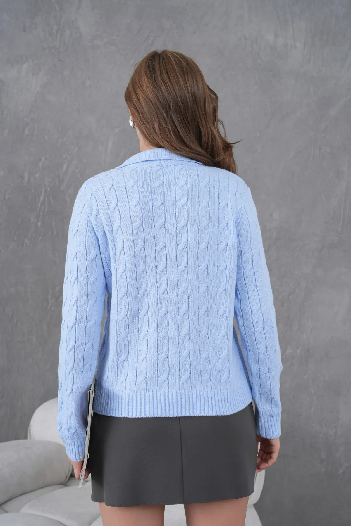 Kadın Polo Yaka Saç Örgü Triko Kazak 8610