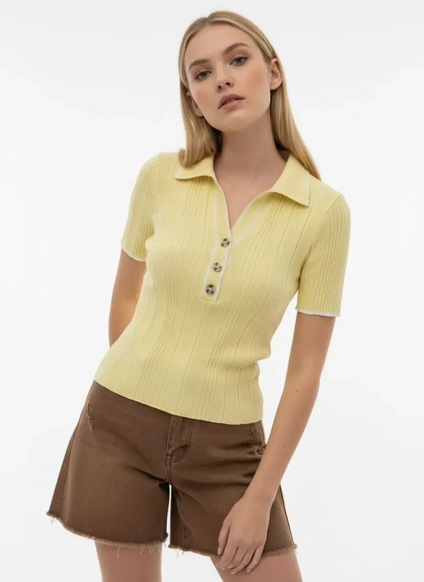 Kadın Polo Yaka Selanik Örgü Viskon Triko Kazak 12139