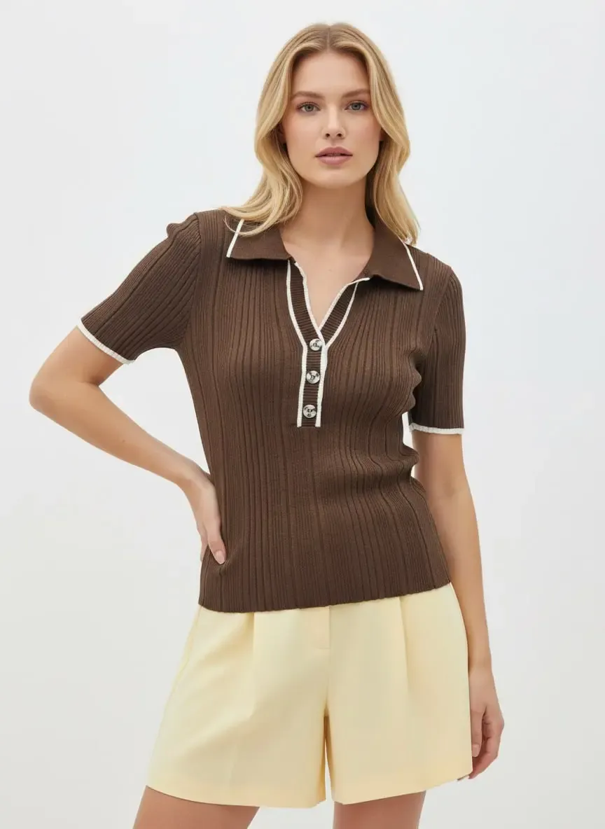 Kadın Polo Yaka Selanik Örgü Viskon Triko Kazak 12139