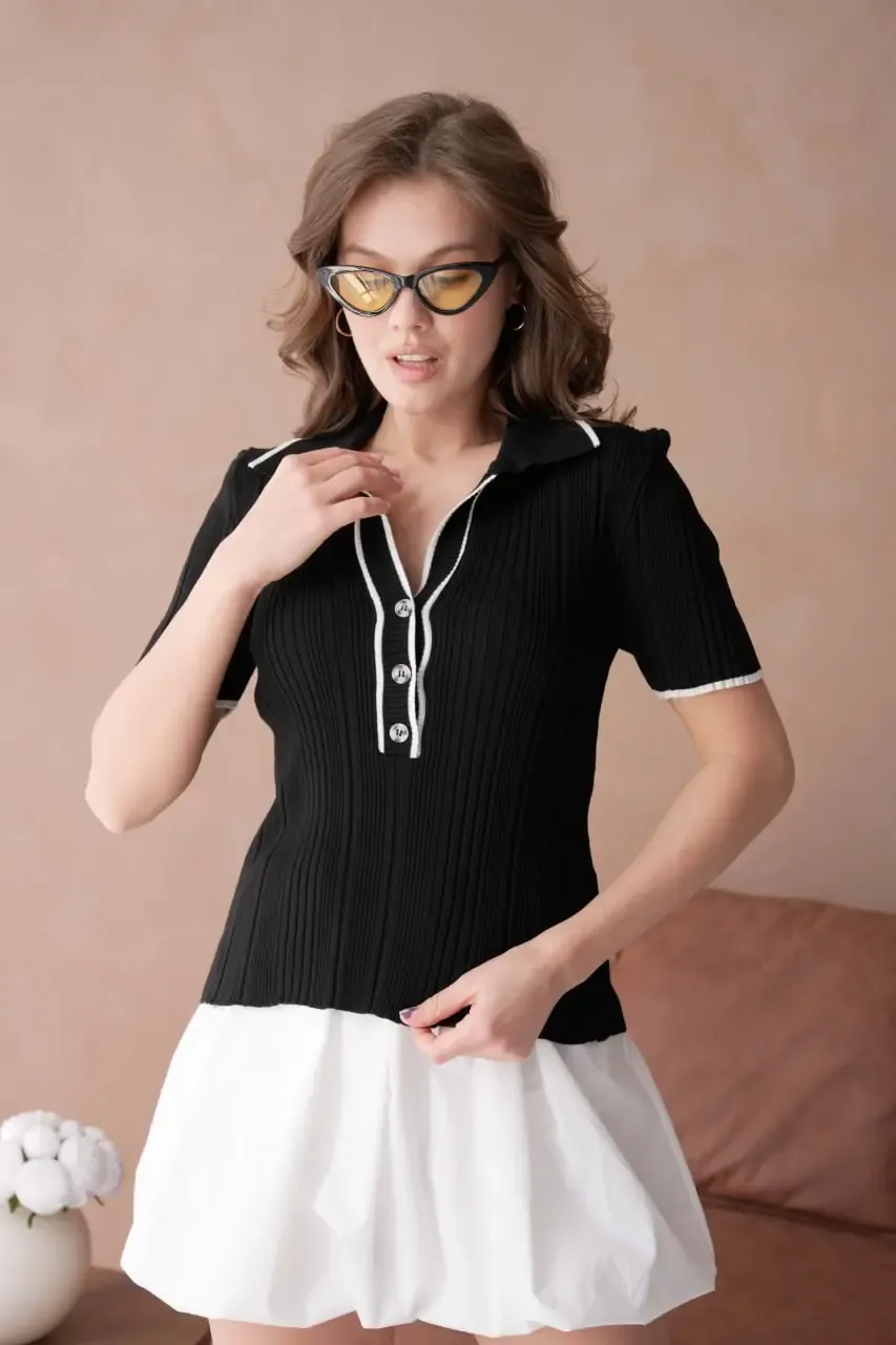 Kadın Polo Yaka Selanik Örgü Viskon Triko Kazak 12139