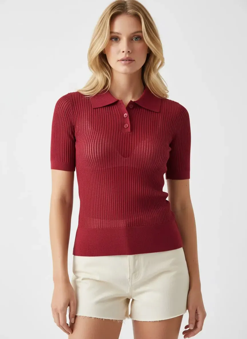 Kadın Polo Yaka Selanik Örgü Rayon Triko Kazak 12413.Ocn