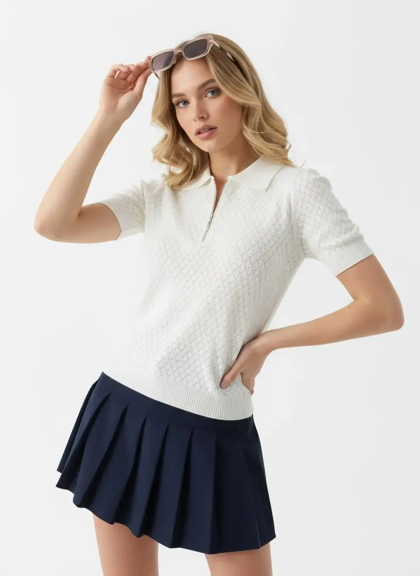 Kadın Polo Yaka Yarım Pat Fermuar Ajurlu Triko Kazak 12429