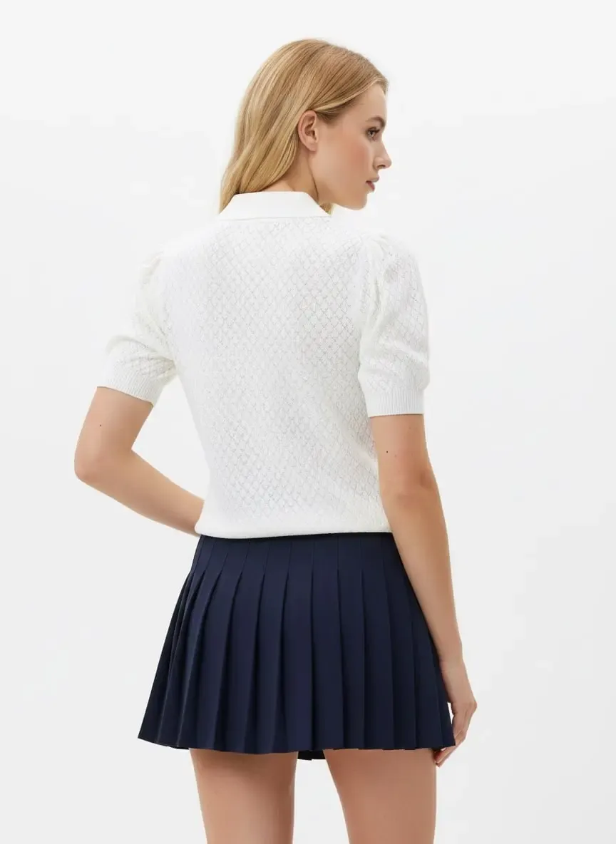 Kadın Polo Yaka Yarım Pat Fermuar Ajurlu Triko Kazak 12429