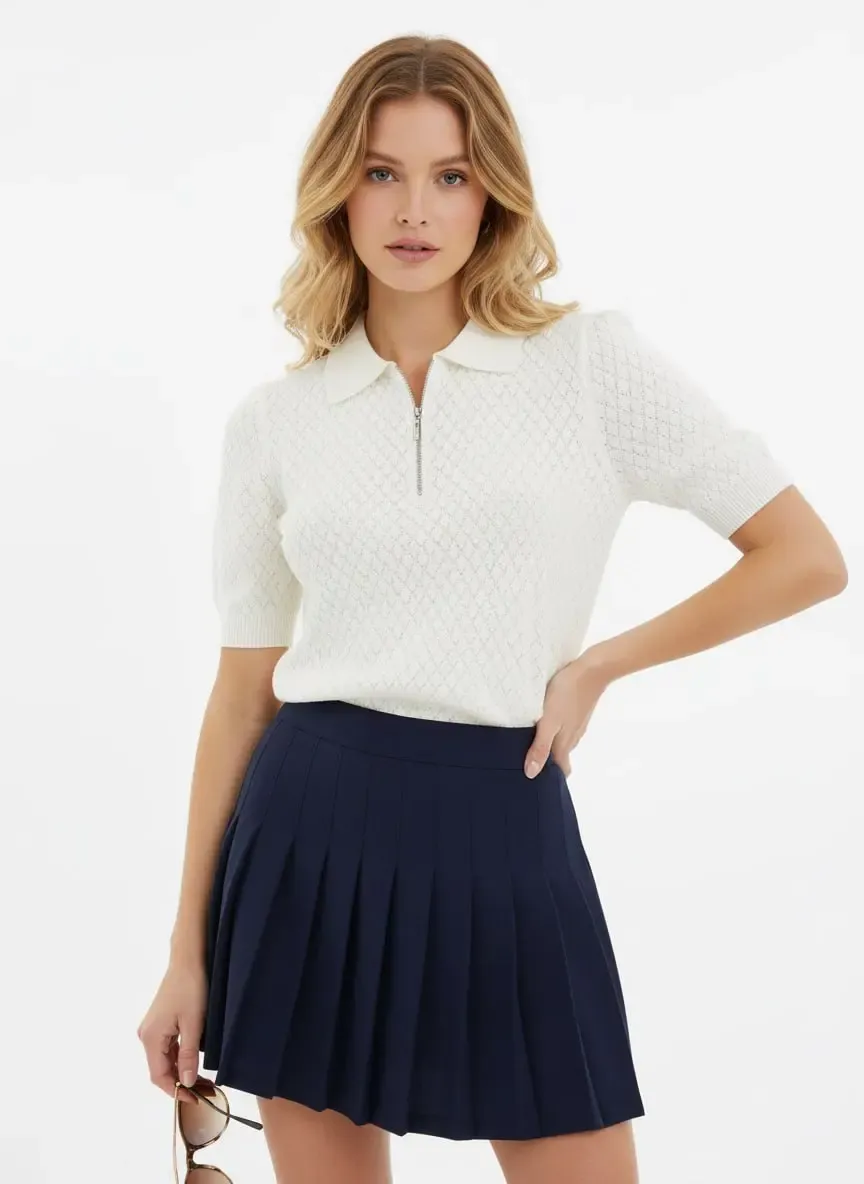 Kadın Polo Yaka Yarım Pat Fermuar Ajurlu Triko Kazak 12429