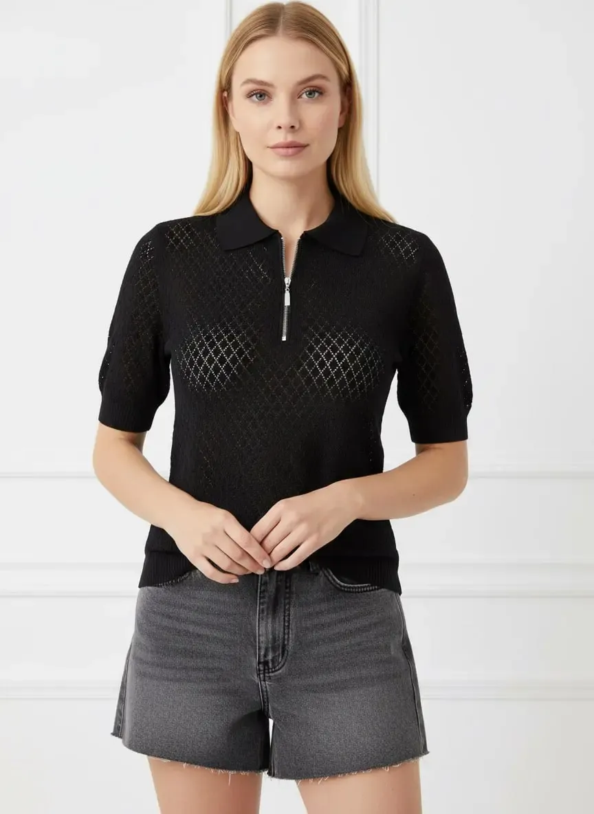 Kadın Polo Yaka Yarım Pat Fermuar Ajurlu Triko Kazak 12429