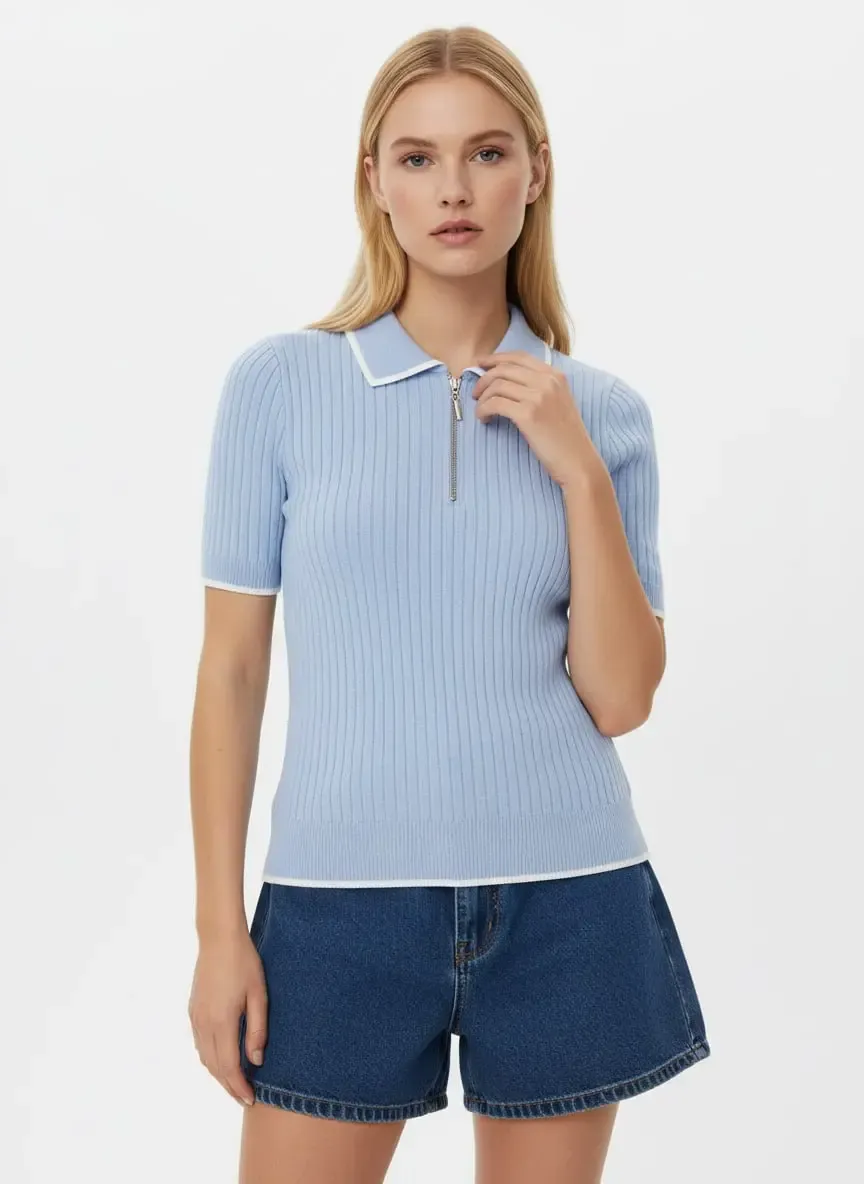 Kadın Polo Yaka Yarım Pat Fermuar Kaşkorse Triko Kazak 12431