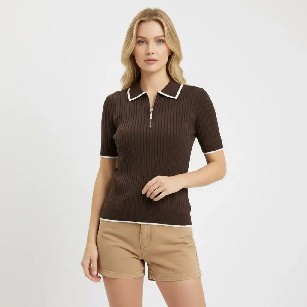 Kadın Polo Yaka Yarım Pat Fermuar Kaşkorse Triko Kazak 12431