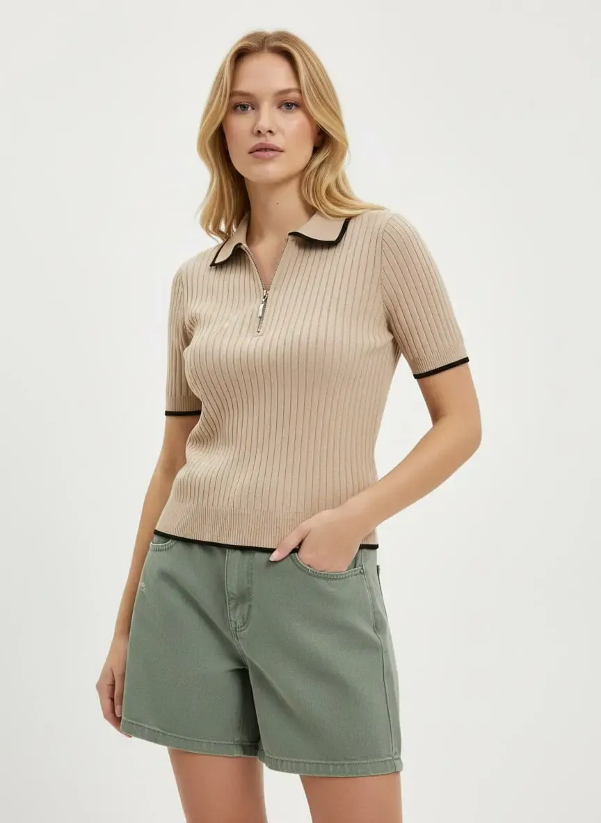 Kadın Polo Yaka Yarım Pat Fermuar Kaşkorse Triko Kazak 12431