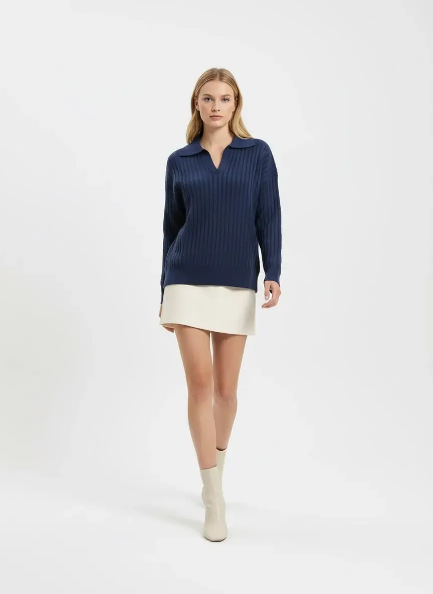 Kadın Polo Yaka Yarım Pat Kaşkorse Oversize Triko Kazak