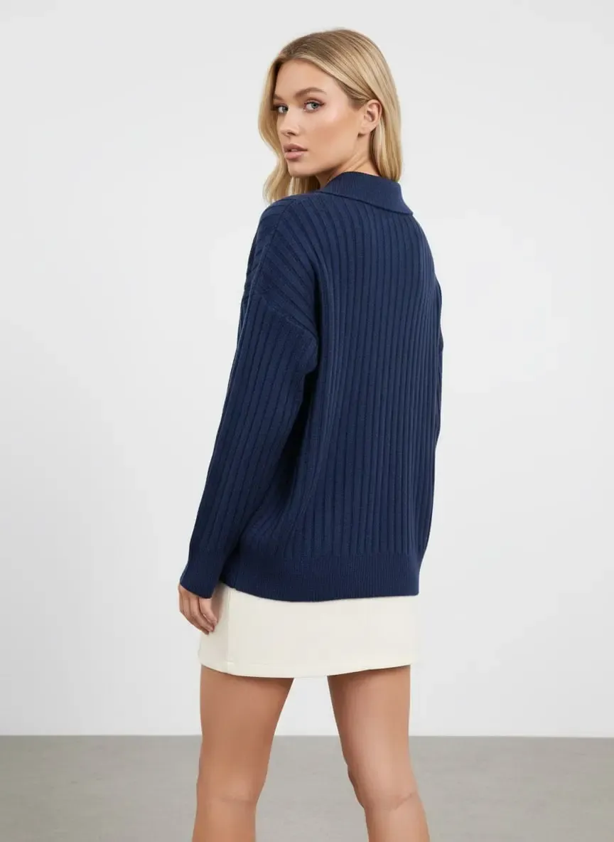 Kadın Polo Yaka Yarım Pat Kaşkorse Oversize Triko Kazak