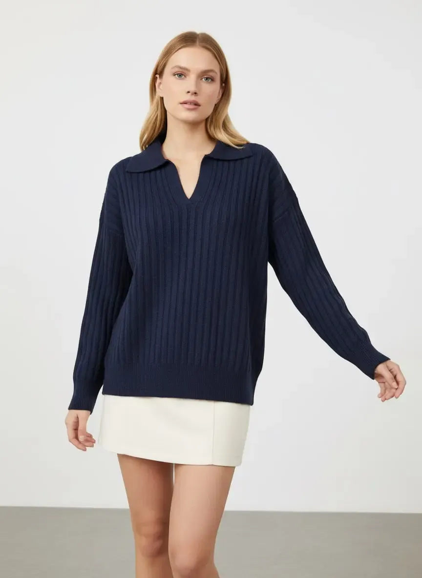 Kadın Polo Yaka Yarım Pat Kaşkorse Oversize Triko Kazak