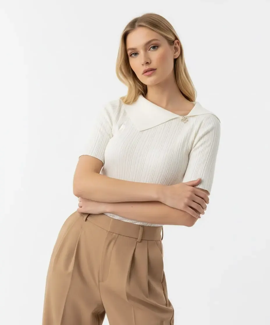 Kadın Şal Yaka Detay Aksesuarlı Selanik Örgü Triko Kazak 12420.Vrt