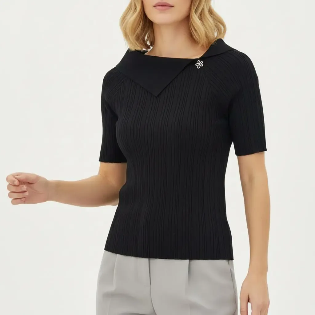 Kadın Şal Yaka Detay Aksesuarlı Selanik Örgü Triko Kazak 12420.Vrt