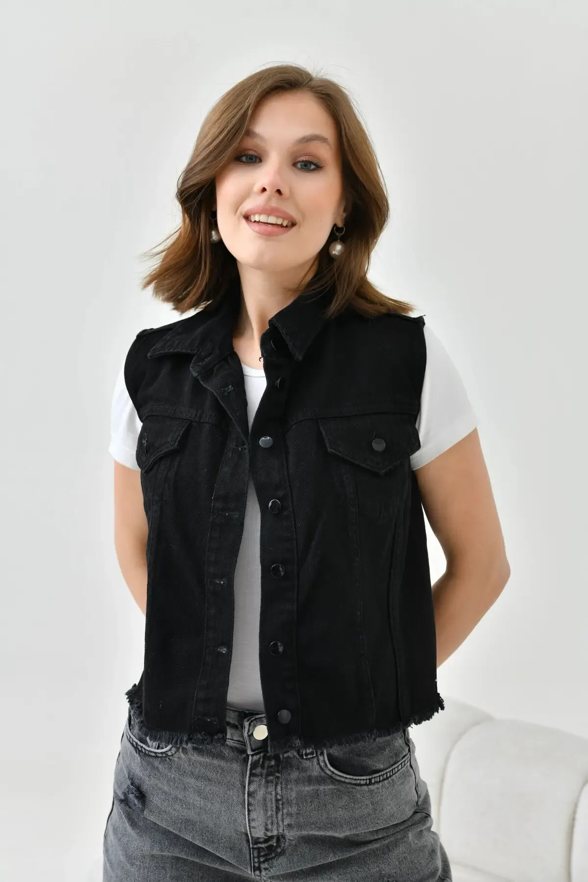 Kadın Siyah Düğme Detay Jean Yelek