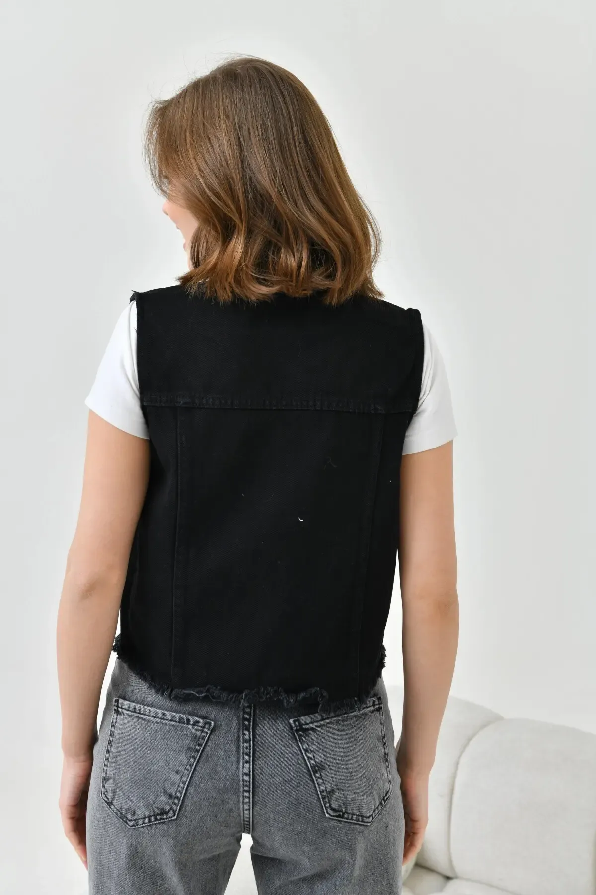 Kadın Siyah Düğme Detay Jean Yelek