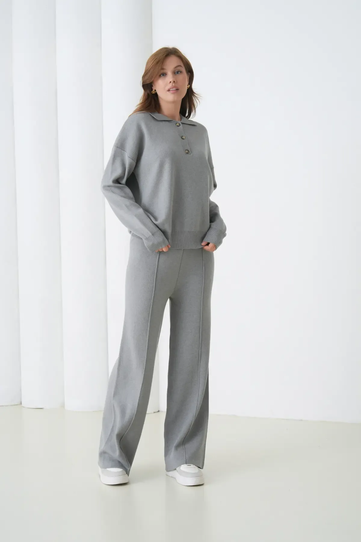 Kadın Siyah Polo Yaka Kazak Pantolon Triko Alt-Üst Takım 12333