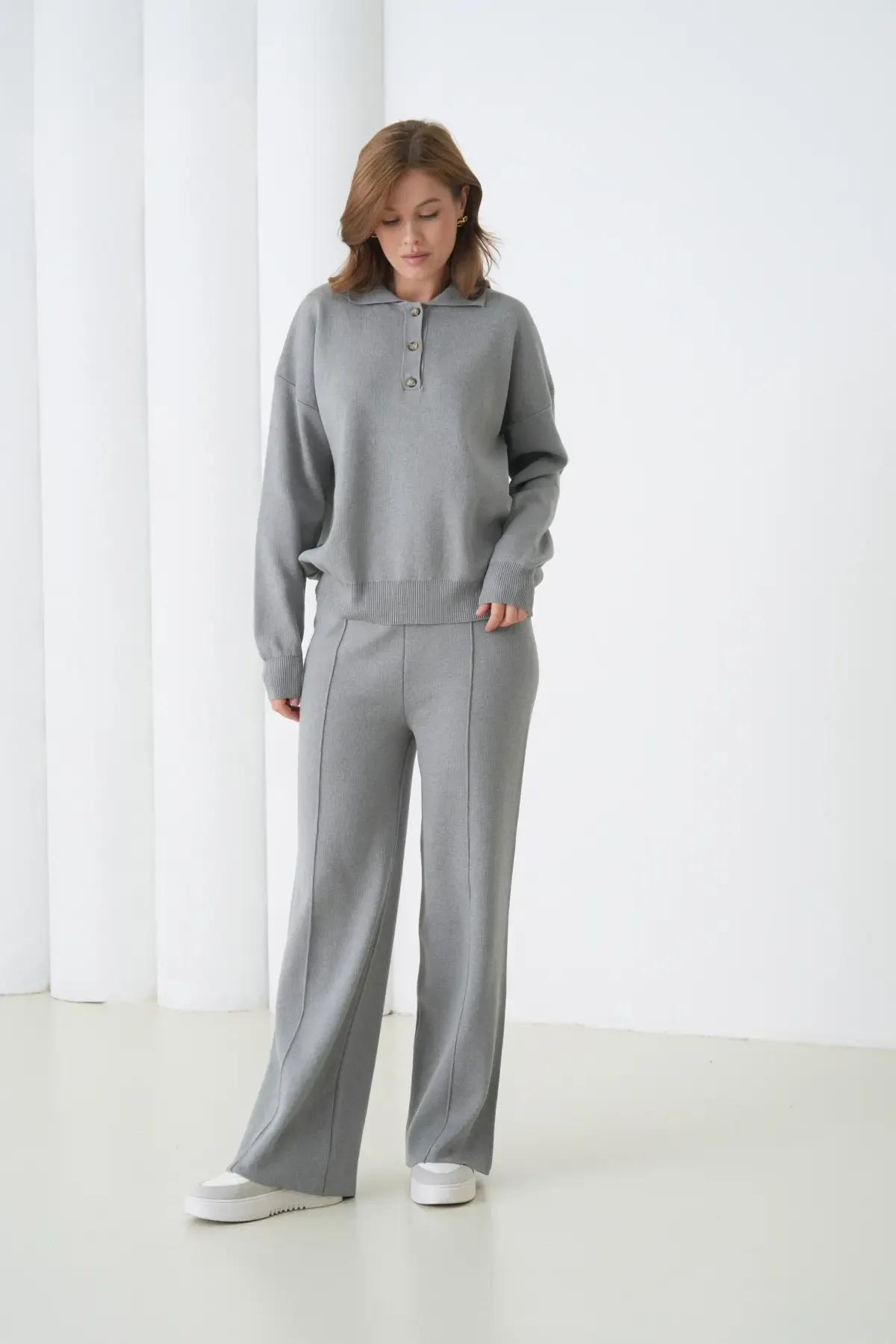 Kadın Siyah Polo Yaka Kazak Pantolon Triko Alt-Üst Takım 12333