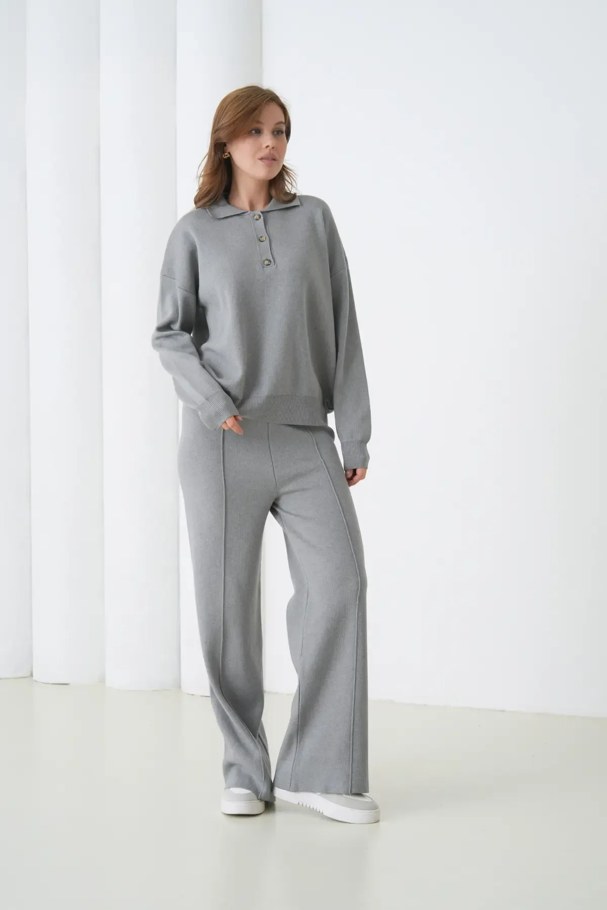 Kadın Siyah Polo Yaka Kazak Pantolon Triko Alt-Üst Takım 12333