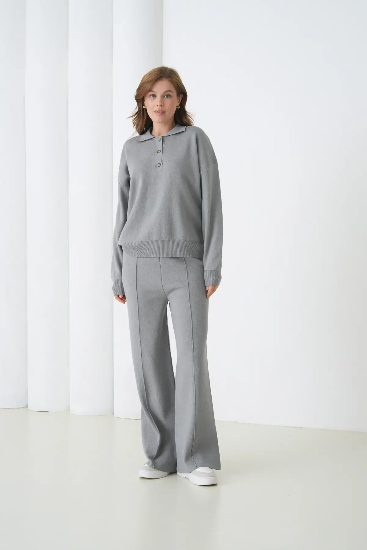 Kadın Siyah Polo Yaka Kazak Pantolon Triko Alt-Üst Takım 12333