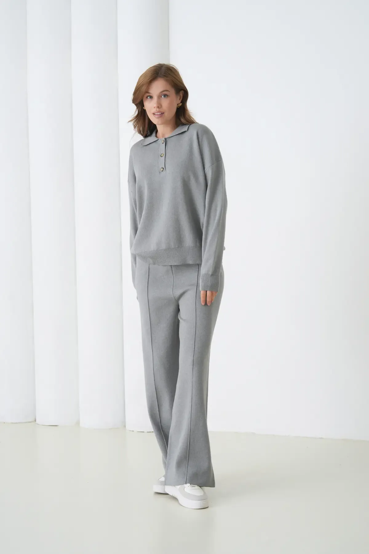 Kadın Siyah Polo Yaka Kazak Pantolon Triko Alt-Üst Takım 12333