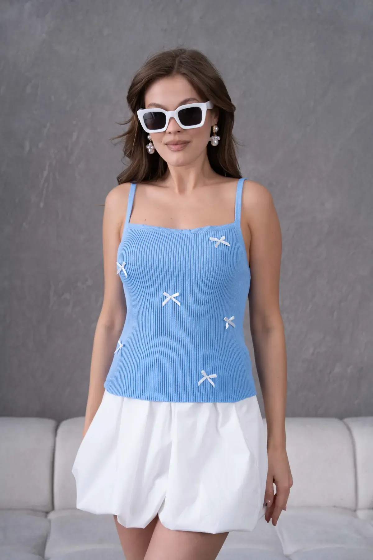 Kadın straplez Yaka Askılı Fiyonk Detay Selanik Detay Triko Bluz 12073