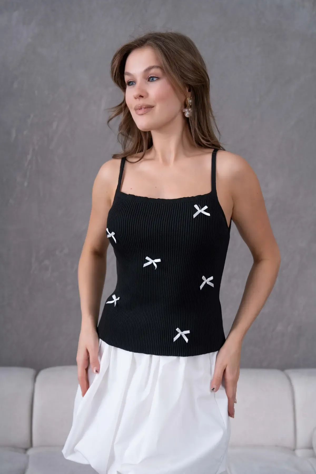 Kadın straplez Yaka Askılı Fiyonk Detay Selanik Detay Triko Bluz 12073