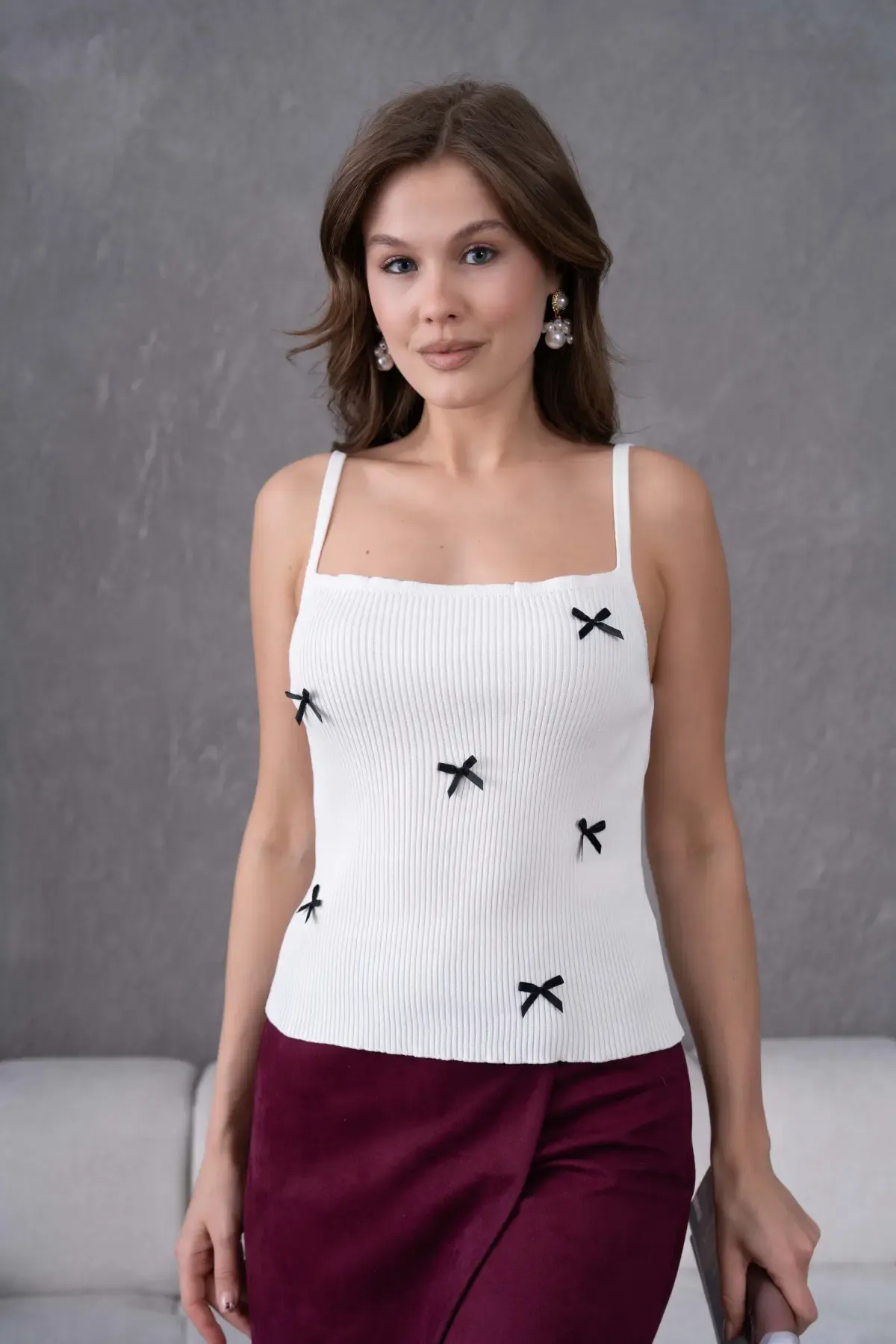 Kadın straplez Yaka Askılı Fiyonk Detay Selanik Detay Triko Bluz 12073