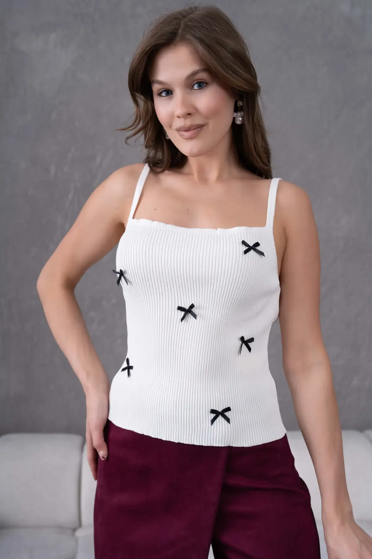 Kadın straplez Yaka Askılı Fiyonk Detay Selanik Detay Triko Bluz 12073