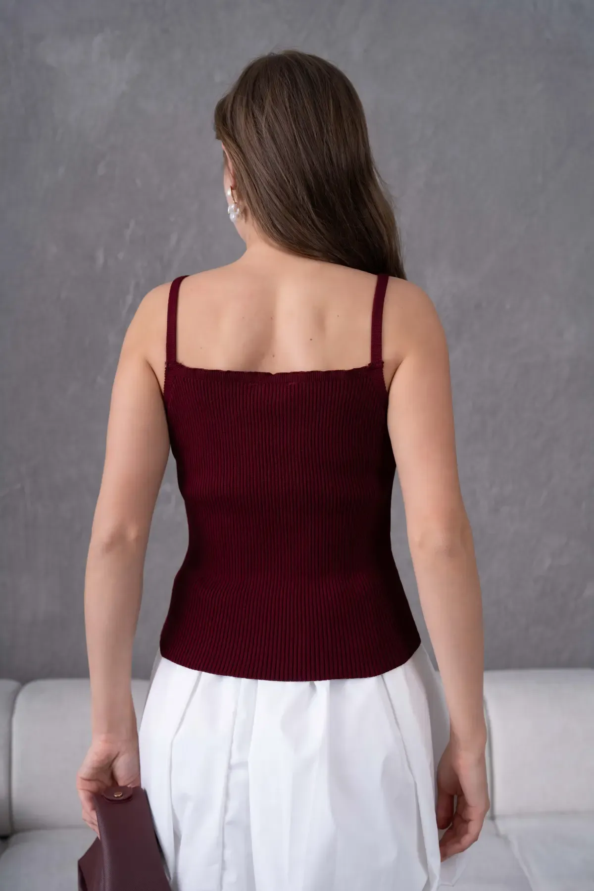 Kadın straplez Yaka Askılı Fiyonk Detay Selanik Detay Triko Bluz 12073