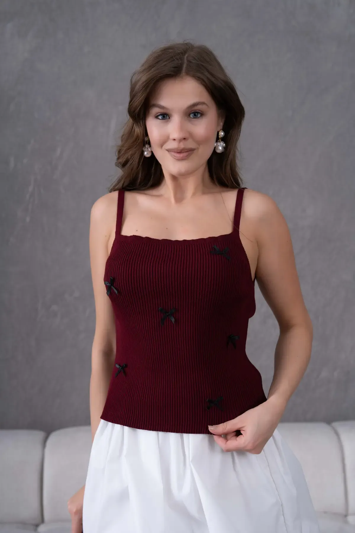 Kadın straplez Yaka Askılı Fiyonk Detay Selanik Detay Triko Bluz 12073