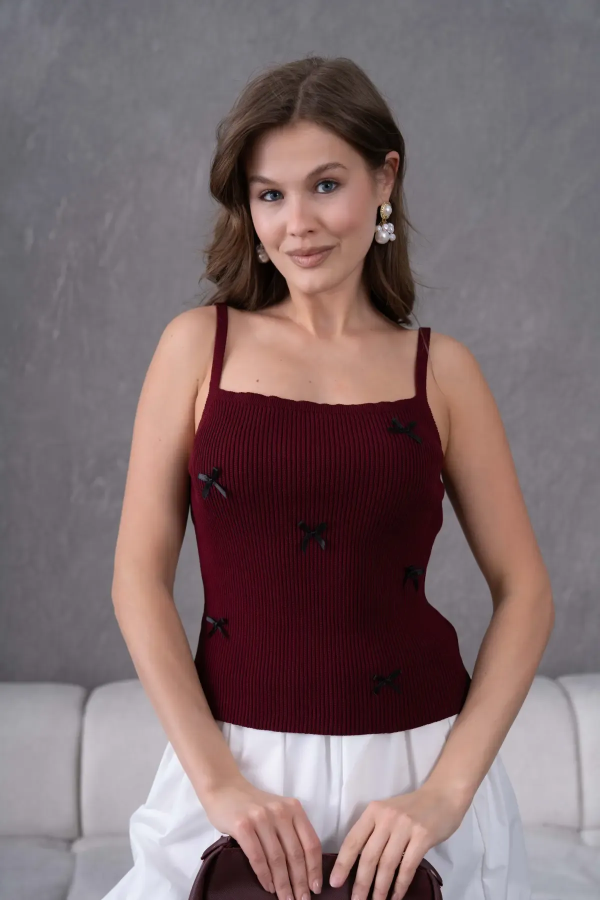 Kadın straplez Yaka Askılı Fiyonk Detay Selanik Detay Triko Bluz 12073