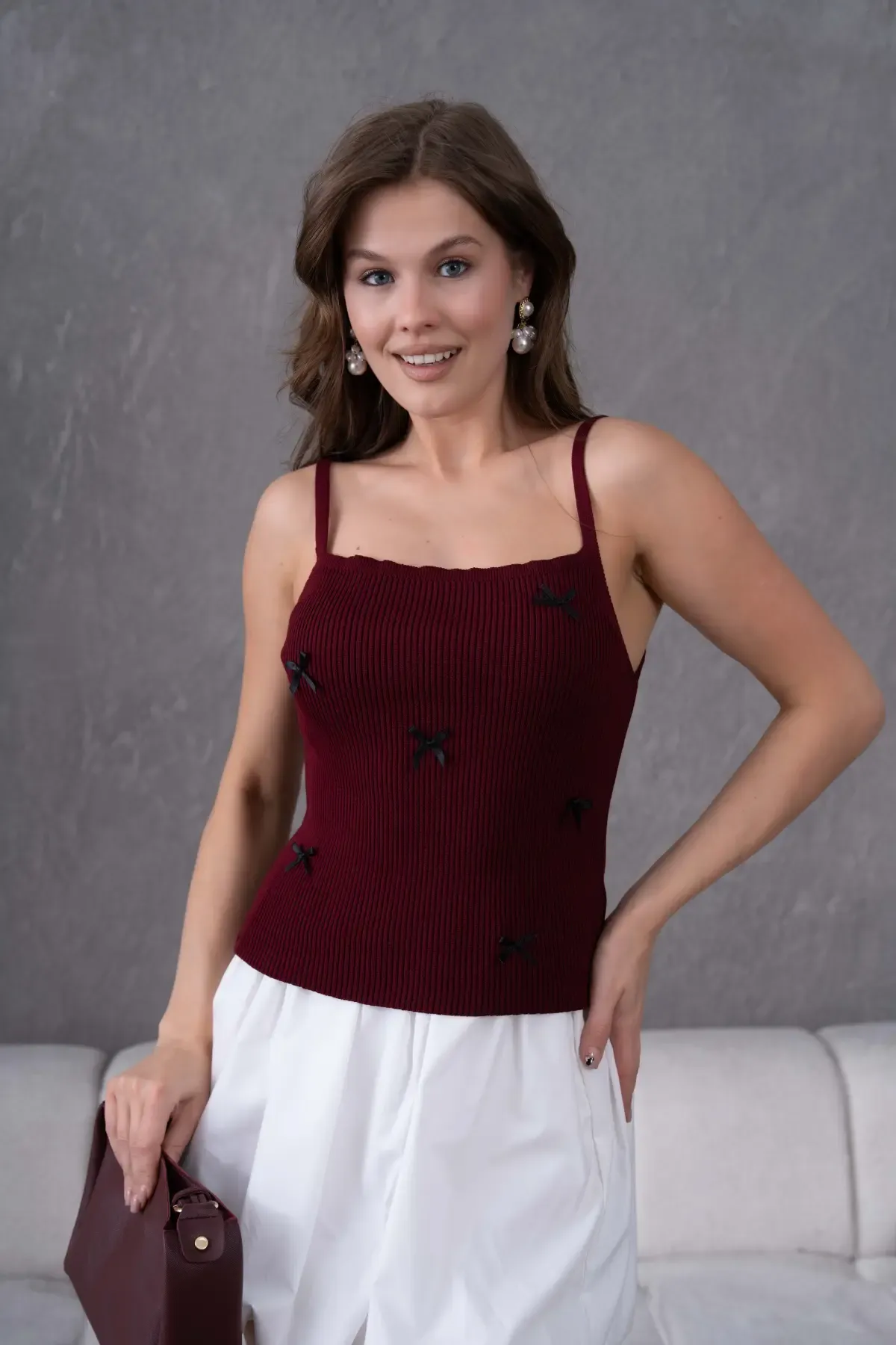 Kadın straplez Yaka Askılı Fiyonk Detay Selanik Detay Triko Bluz 12073