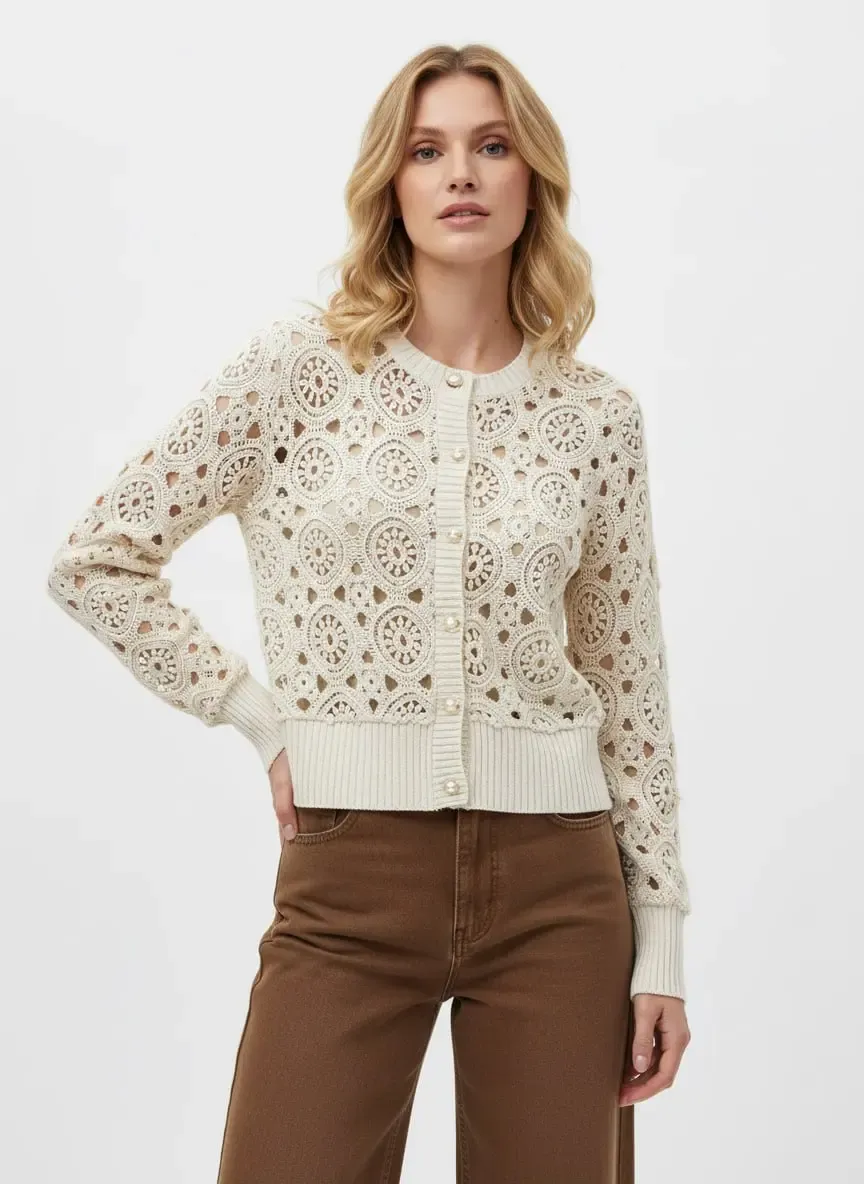 Kadın Taş Kroşe Detaylı Bisiklet Yaka Triko Hırka HI0004