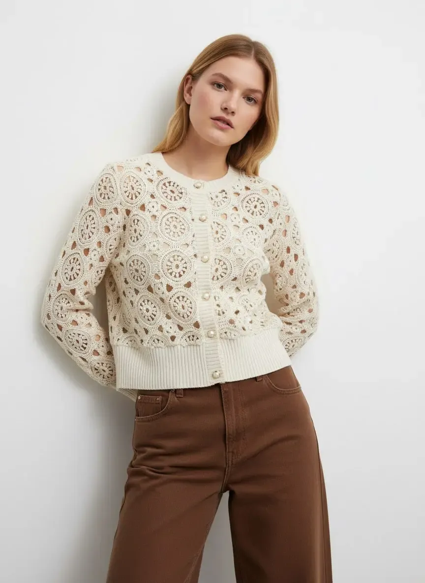 Kadın Taş Kroşe Detaylı Bisiklet Yaka Triko Hırka HI0004