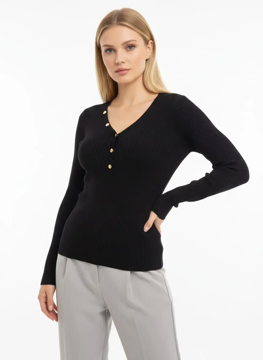 Kadın V Yak Lux Touch Gold Düğme Detay Premium İplik Tirko Kazak 12417
