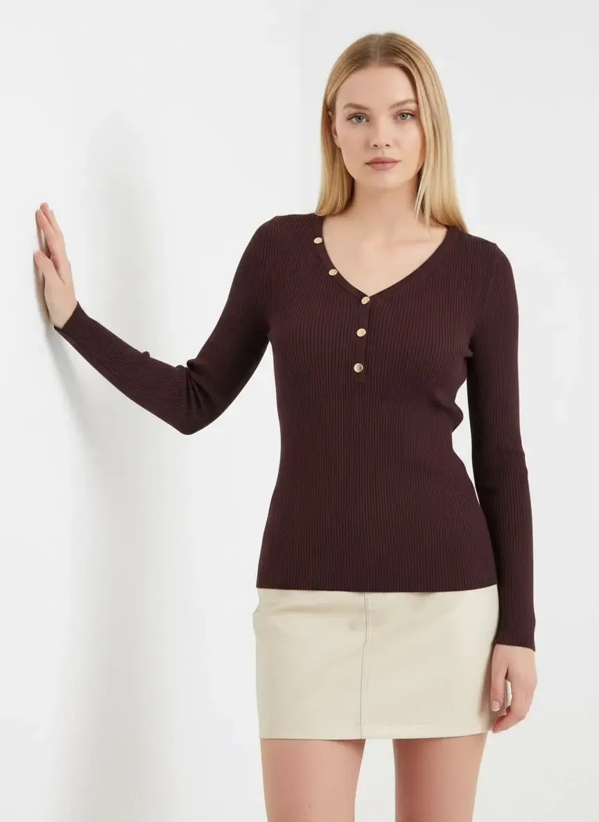 Kadın V Yak Lux Touch Gold Düğme Detay Premium İplik Tirko Kazak 12417