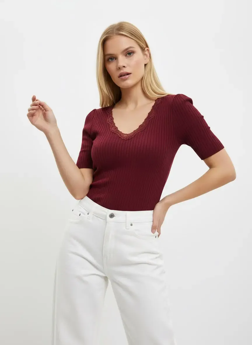 Kadın V Yaka Dantel Detay Kaşkorse Triko Kazak 12427.Vrt