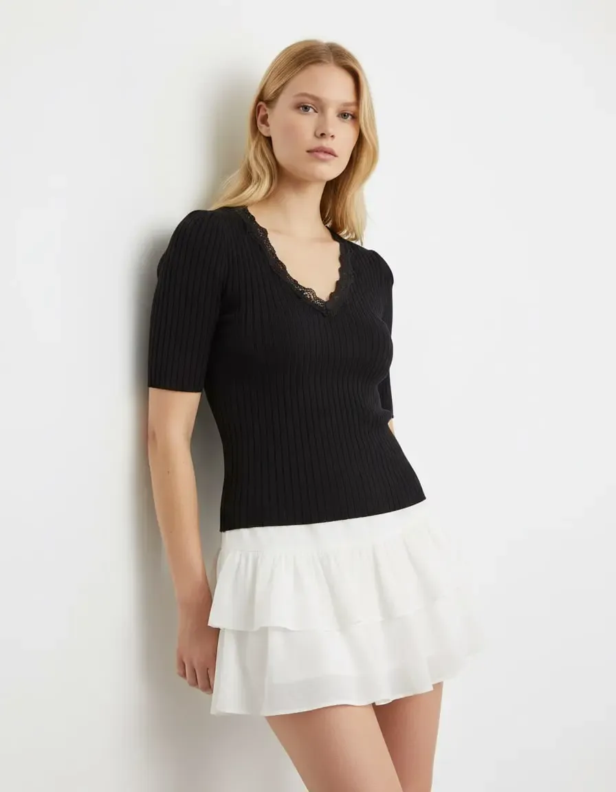 Kadın V Yaka Dantel Detay Kaşkorse Triko Kazak 12427.Vrt