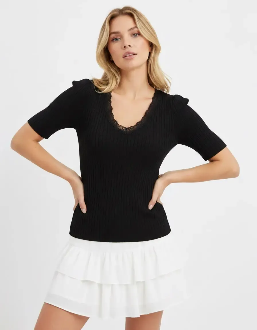 Kadın V Yaka Dantel Detay Kaşkorse Triko Kazak 12427.Vrt