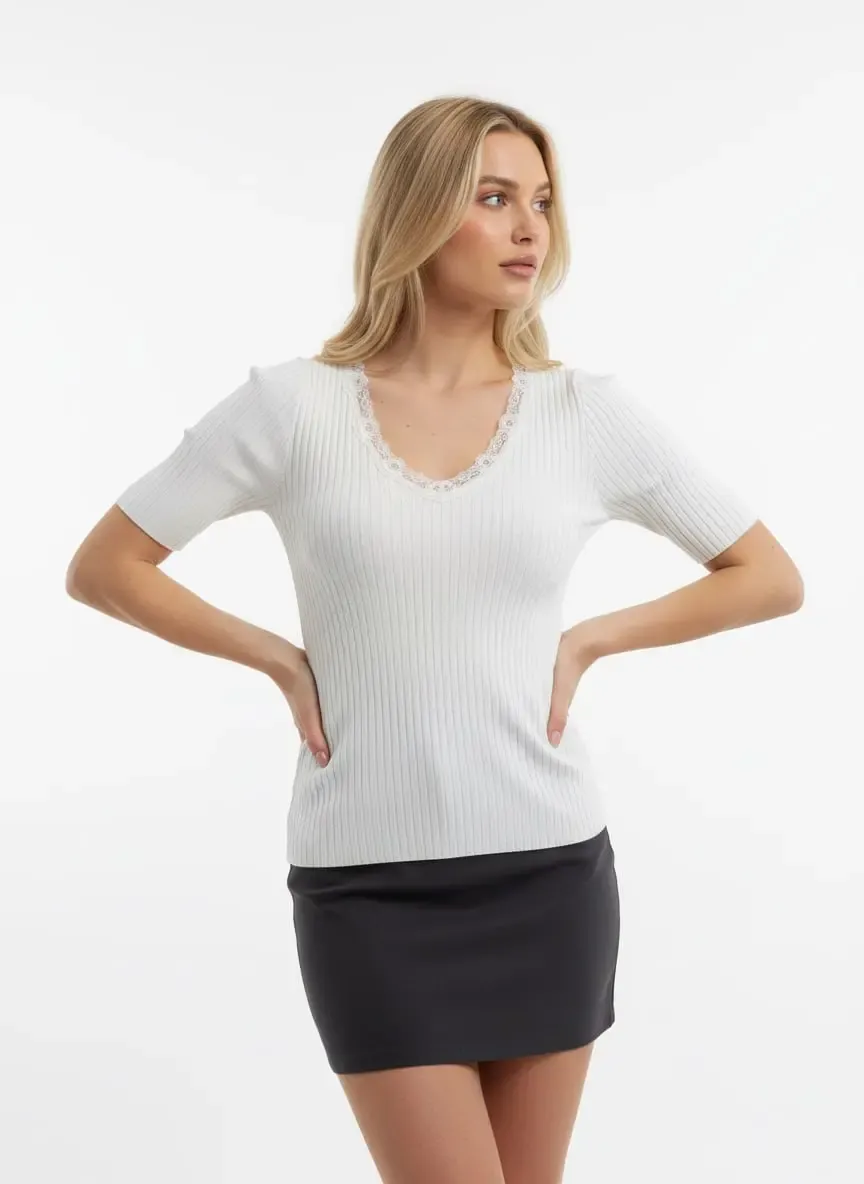 Kadın V Yaka Dantel Detay Kaşkorse Triko Kazak 12427.Vrt