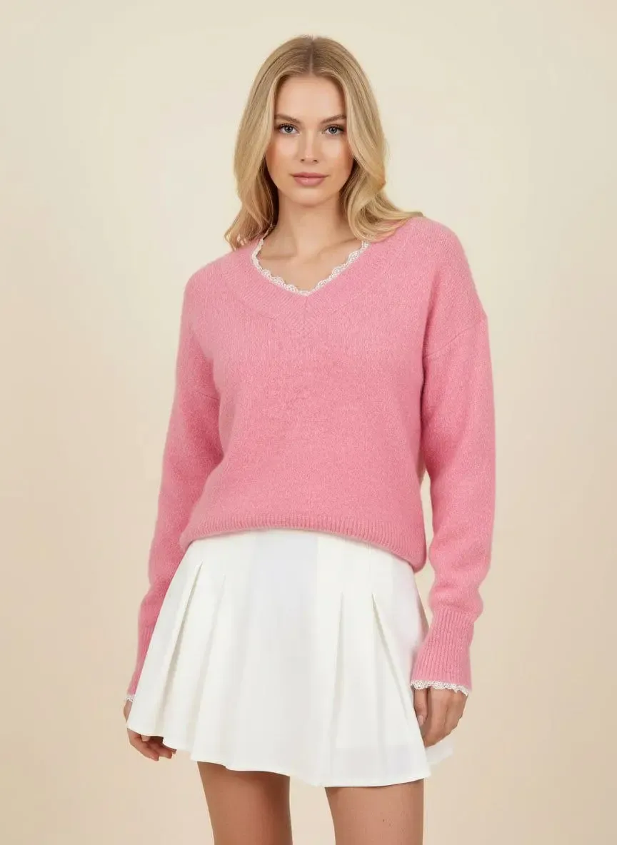 Kadın V Yaka Dantel Detaylı Şardonlu Triko Kazak 8716