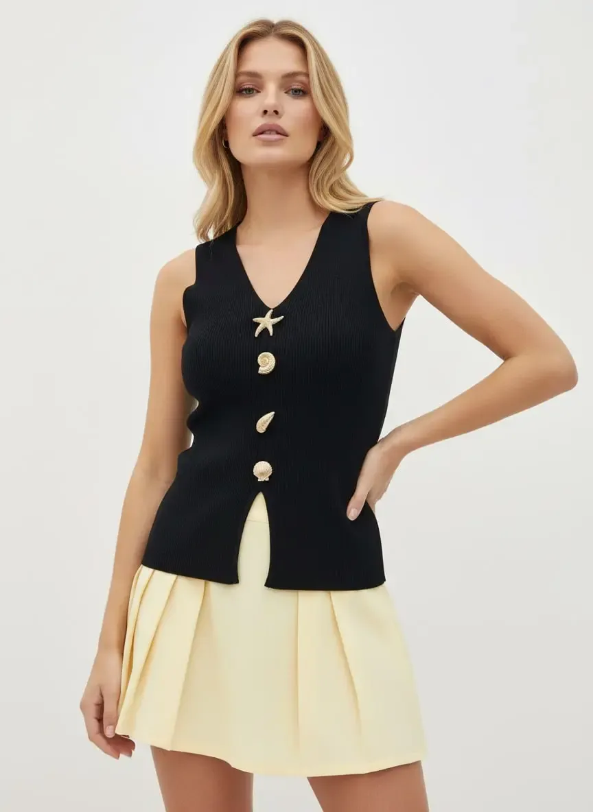 Kadın V yaka Gold Aksesuar Detaylı Premium İplik Triko Kazak 12437